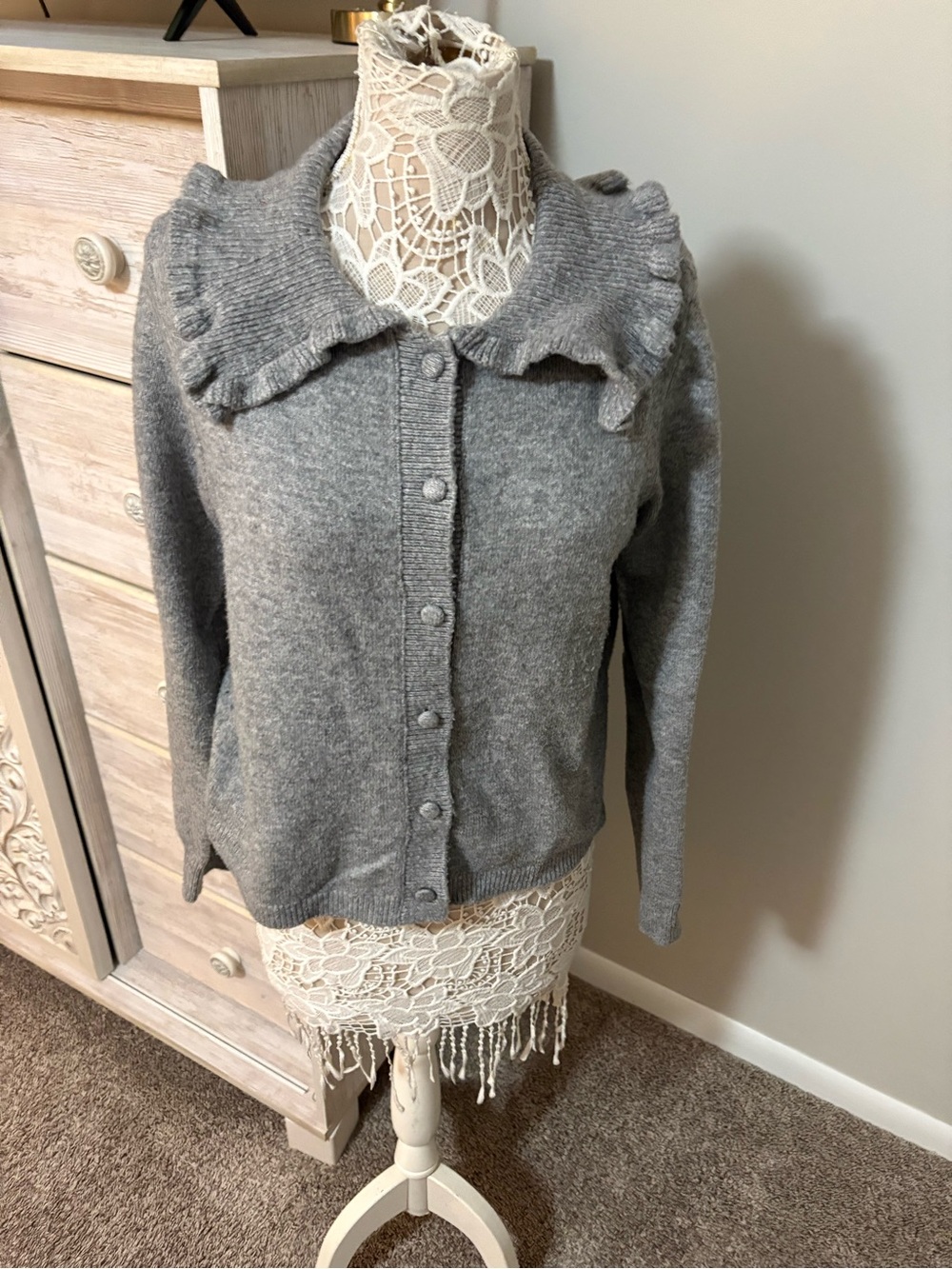 MARBLE Gray Ruffle Collar Button-Front Cardigan